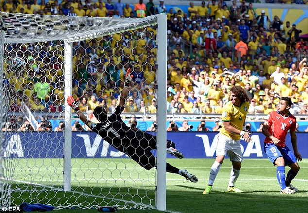 Luiz - Sneaking in at the back post. Brazil 1-0 Chile.