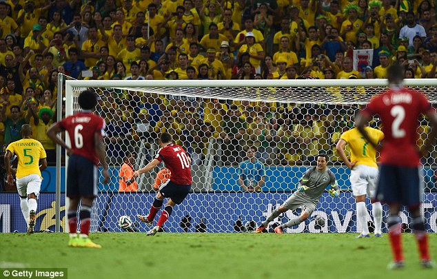 James - A consolation to end a magnificent World Cup for him. Brazil 2-1 Colombia.